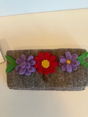 Brownish Felt Floral Wallet Clutch with Red and Purple Flowers